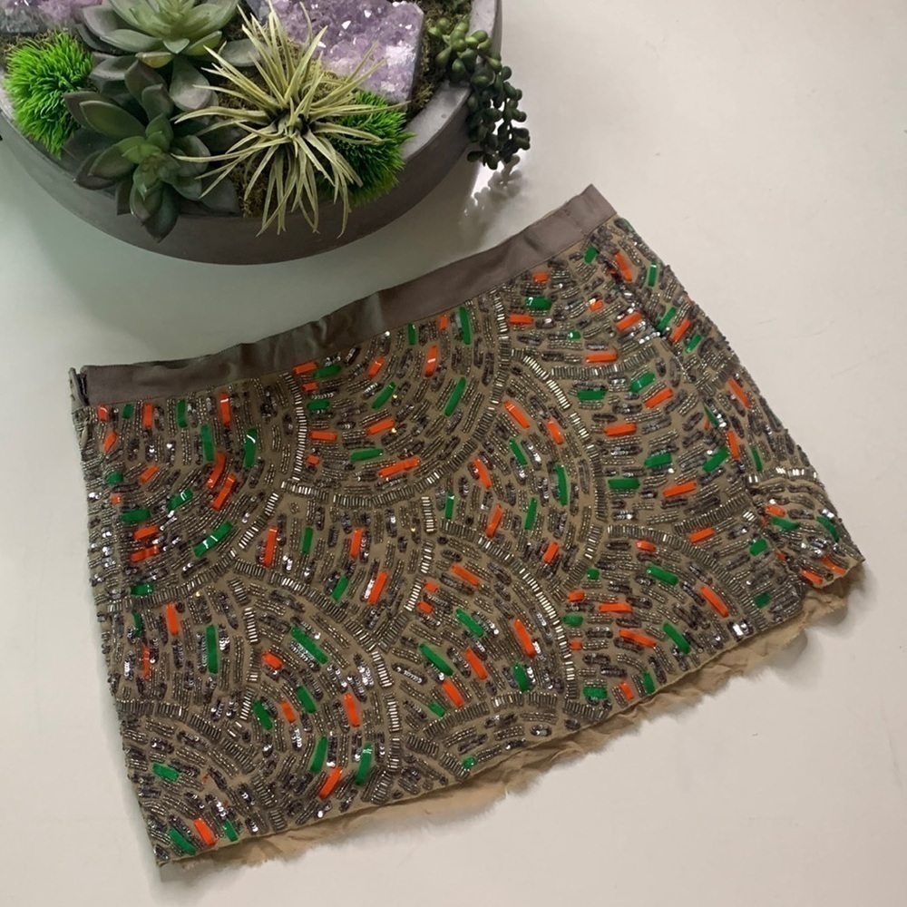 Elizabeth and James Silk beaded sequin micro mini skirt multi color large